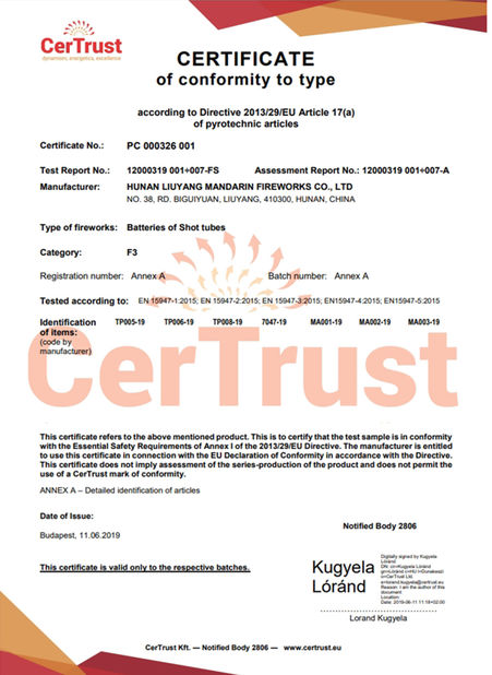 中国 Liuyang Mandarin Fireworks Co., Ltd. 認証