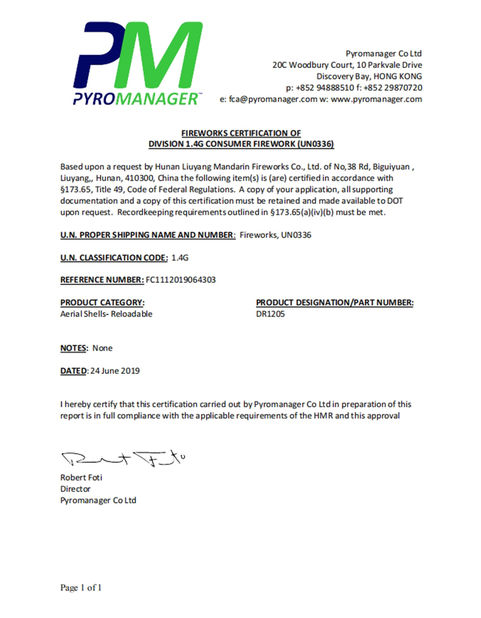 中国 Liuyang Mandarin Fireworks Co., Ltd. 認証