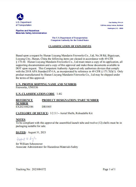 中国 Liuyang Mandarin Fireworks Co., Ltd. 認証